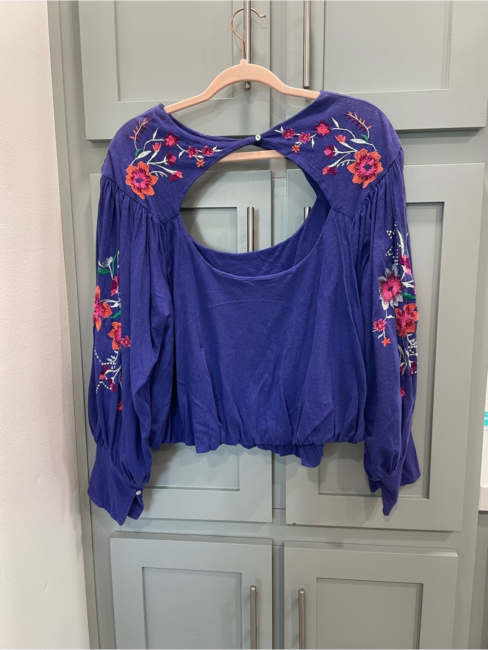 Free People Purple Embroidered Open-Back Peasant Top